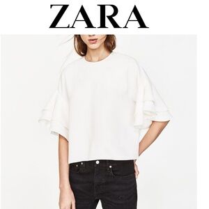 ZARA Woman Women’s White Crepe Double Ruffle Sleeve Blouse Round Neck Size Small